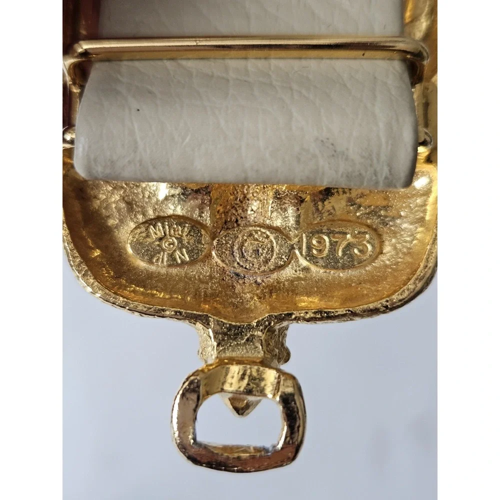 Vtg 1973 Mimi Di N Ivory Cream Leather Gold Buckle Love Birds Sparrows Belt - Picture 6 of 12